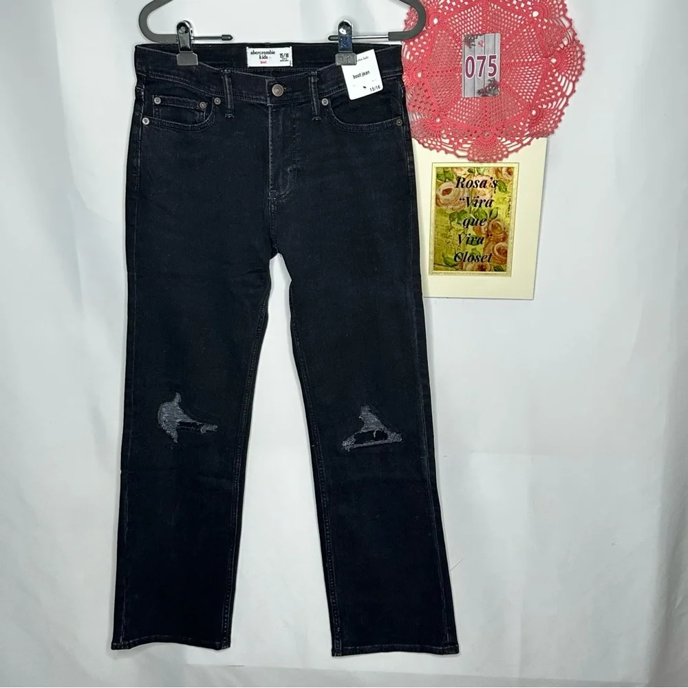 NWT Abercrombie Kids Straight Boot Leg w/Adjustable Waistband Black Jeans 15/16